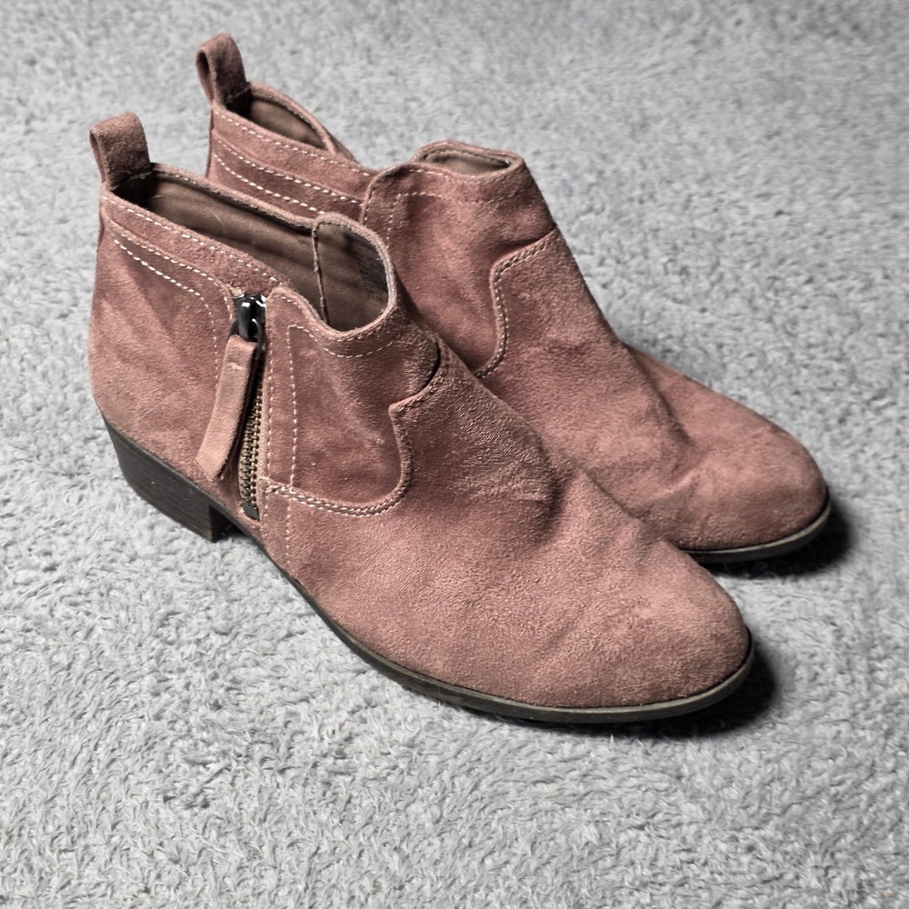 Arizona Jean Co Womens 7M Garrity Ankle Boots Mauve Faux Suede Zip Block Heel
